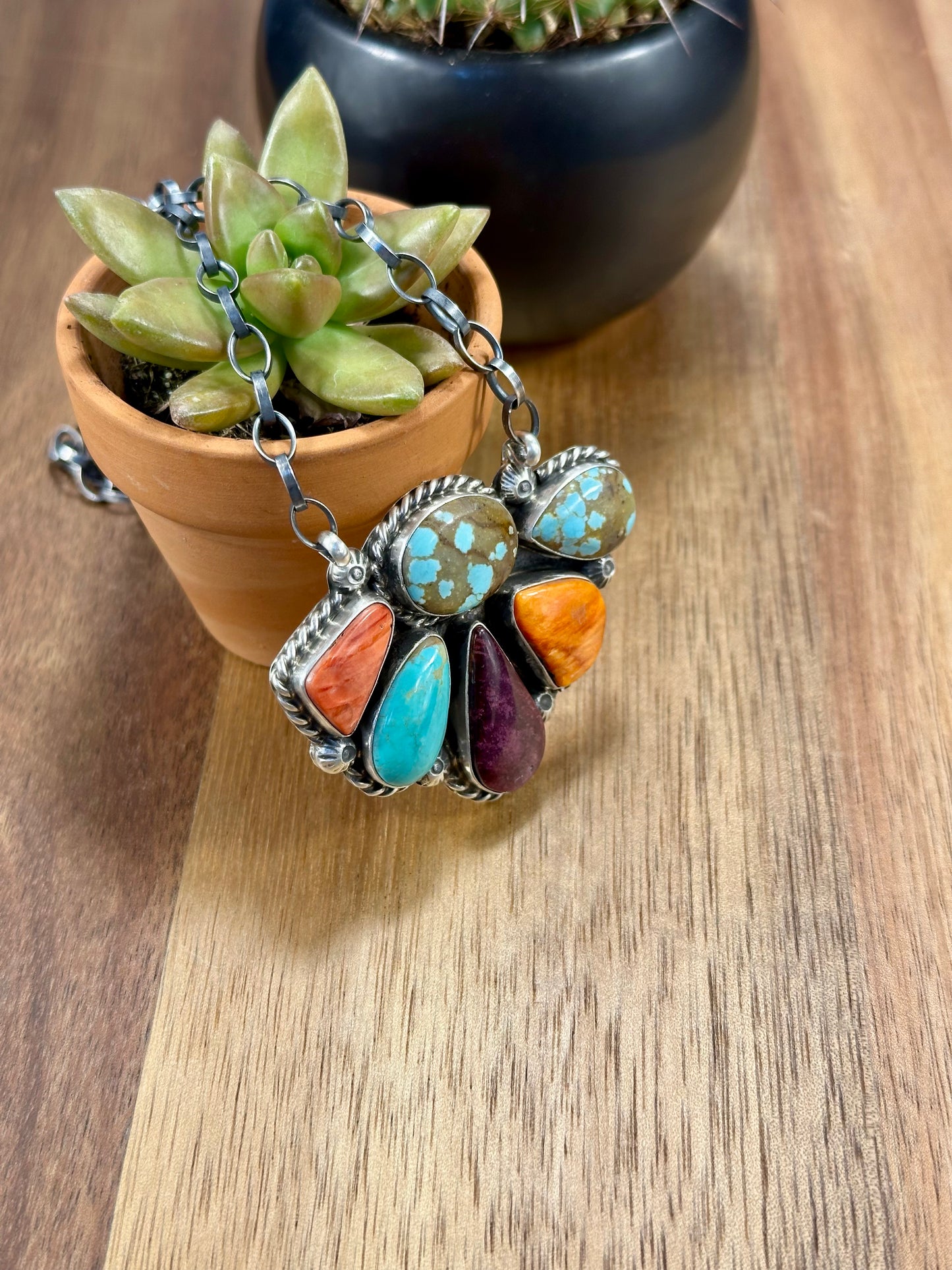 Multi Color Half Cluster Fan Sterling Silver Necklace