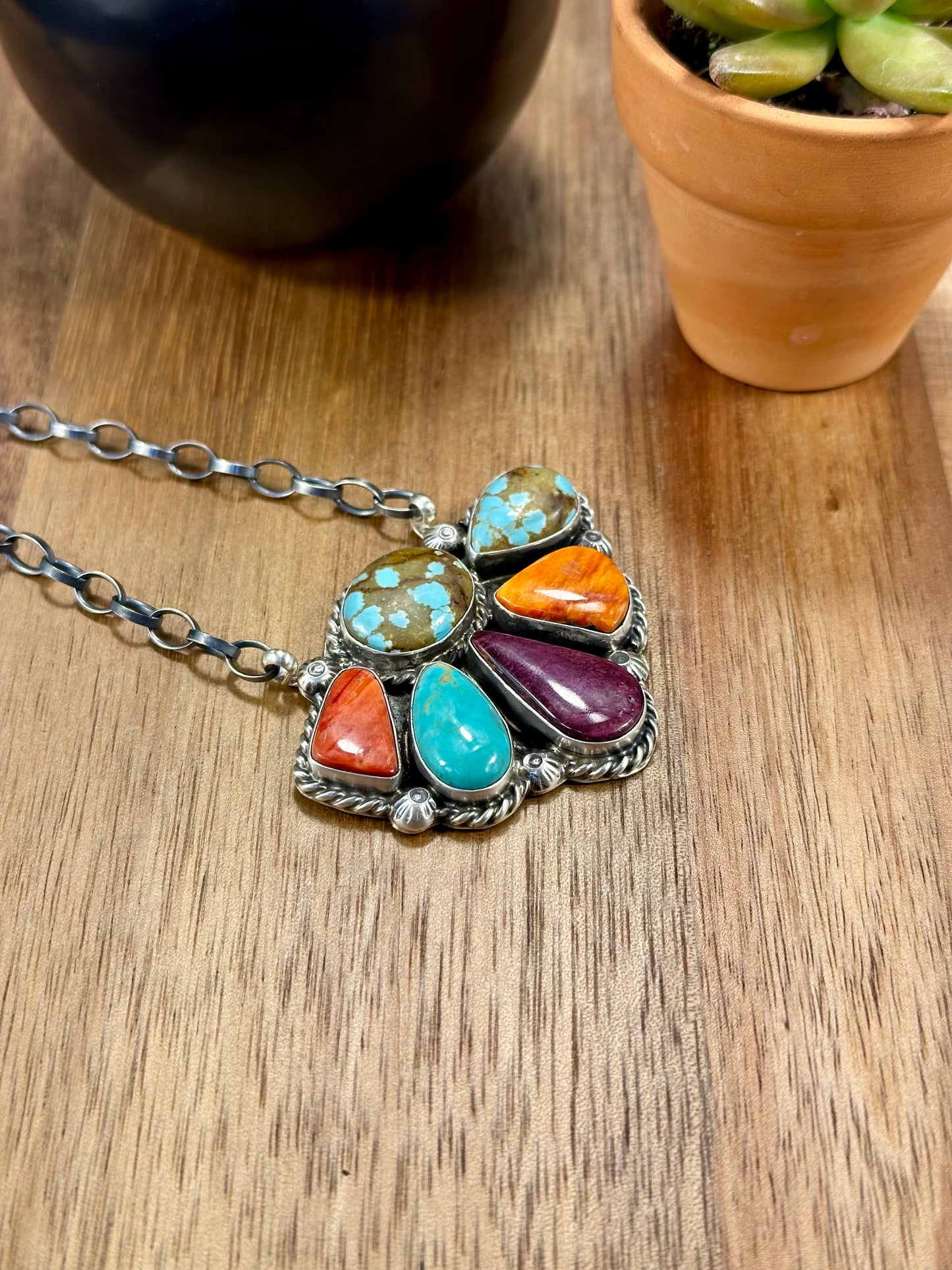 Multi Color Half Cluster Fan Sterling Silver Necklace