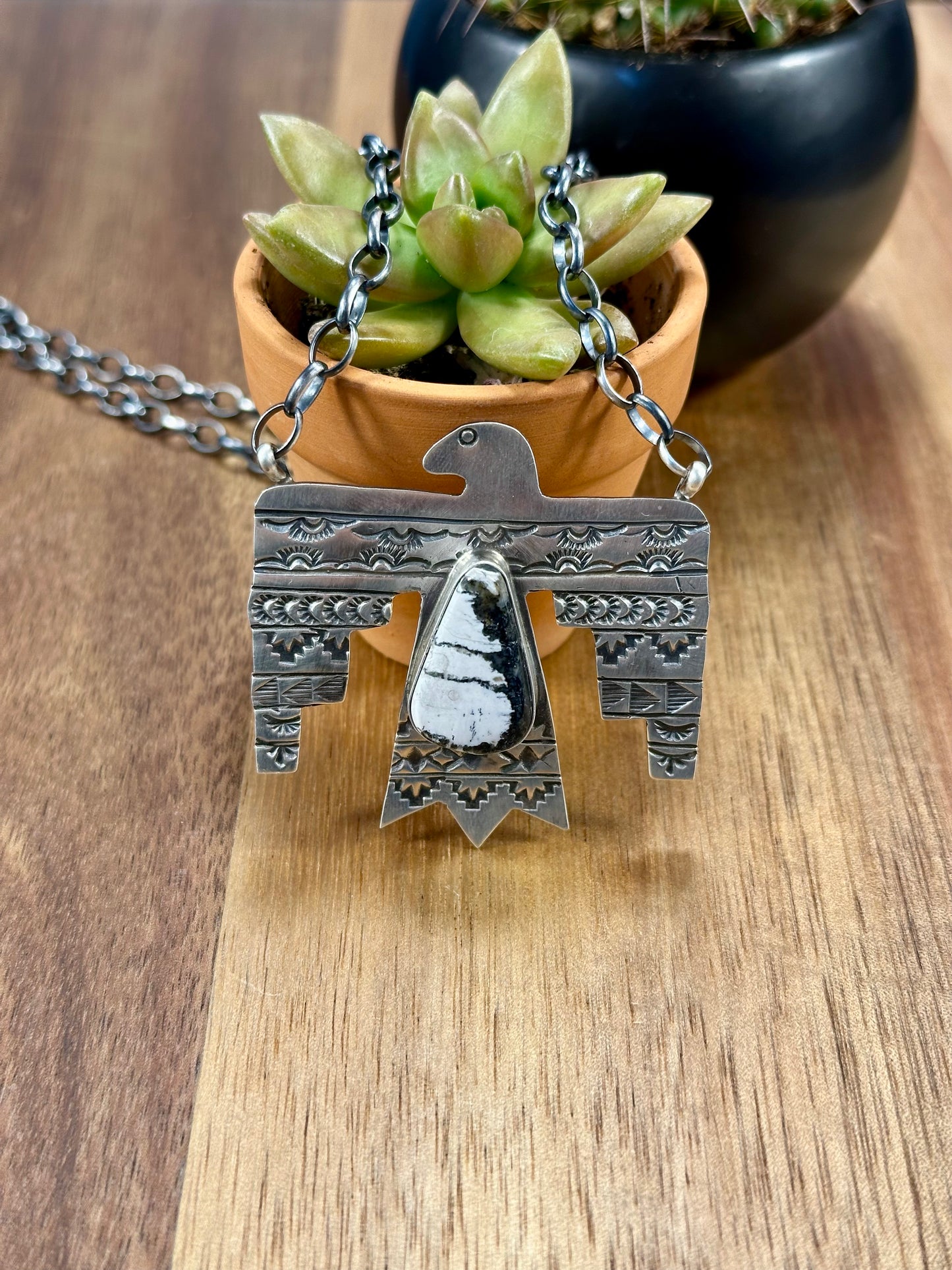 White Buffalo & Sterling Silver Thunderbird Necklace