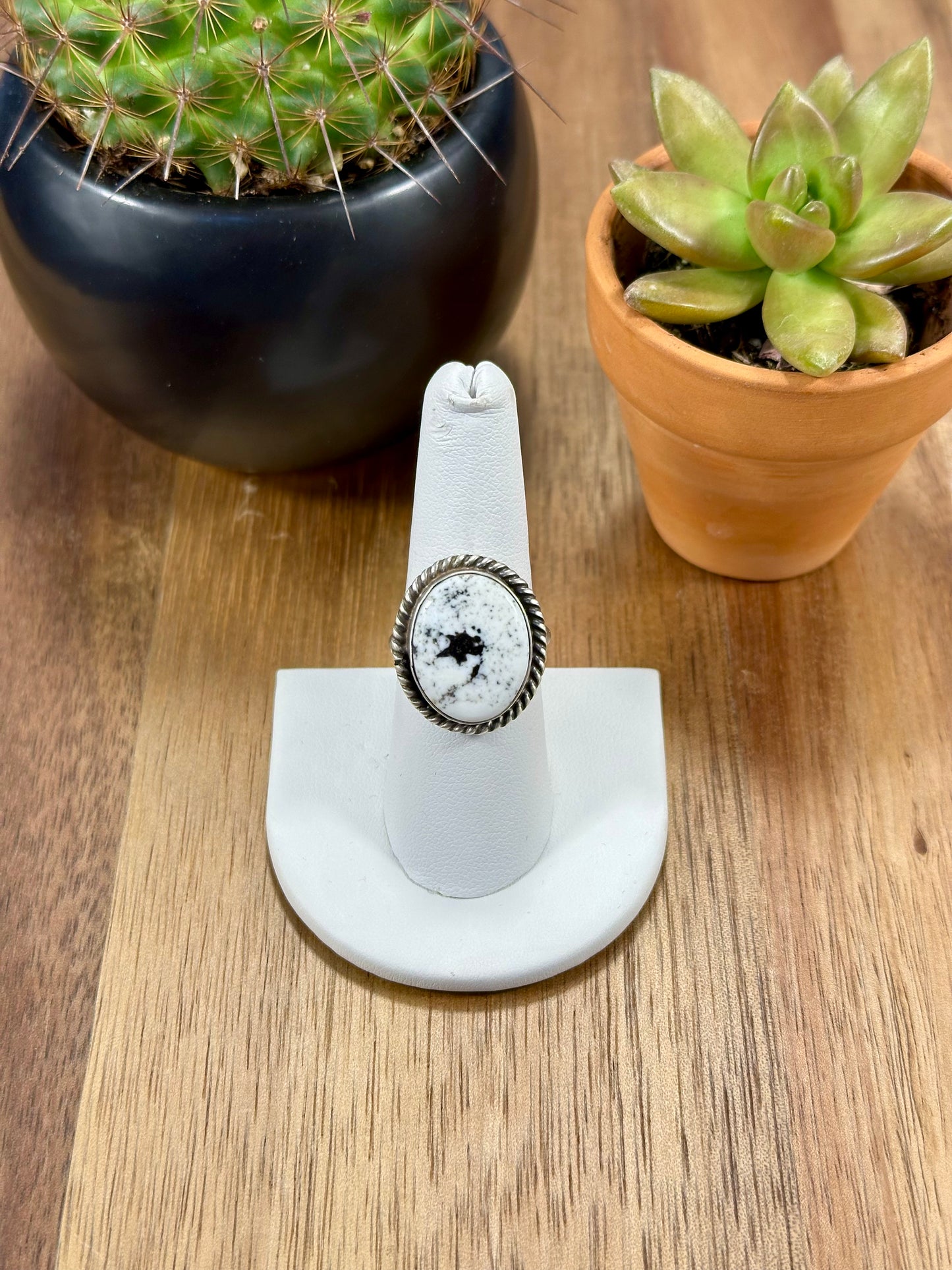 White Buffalo Oval Sterling Silver Ring