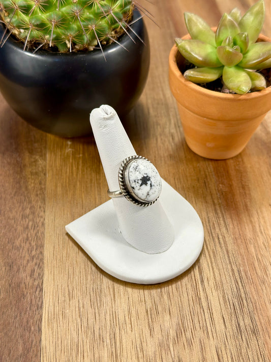 White Buffalo Oval Sterling Silver Ring