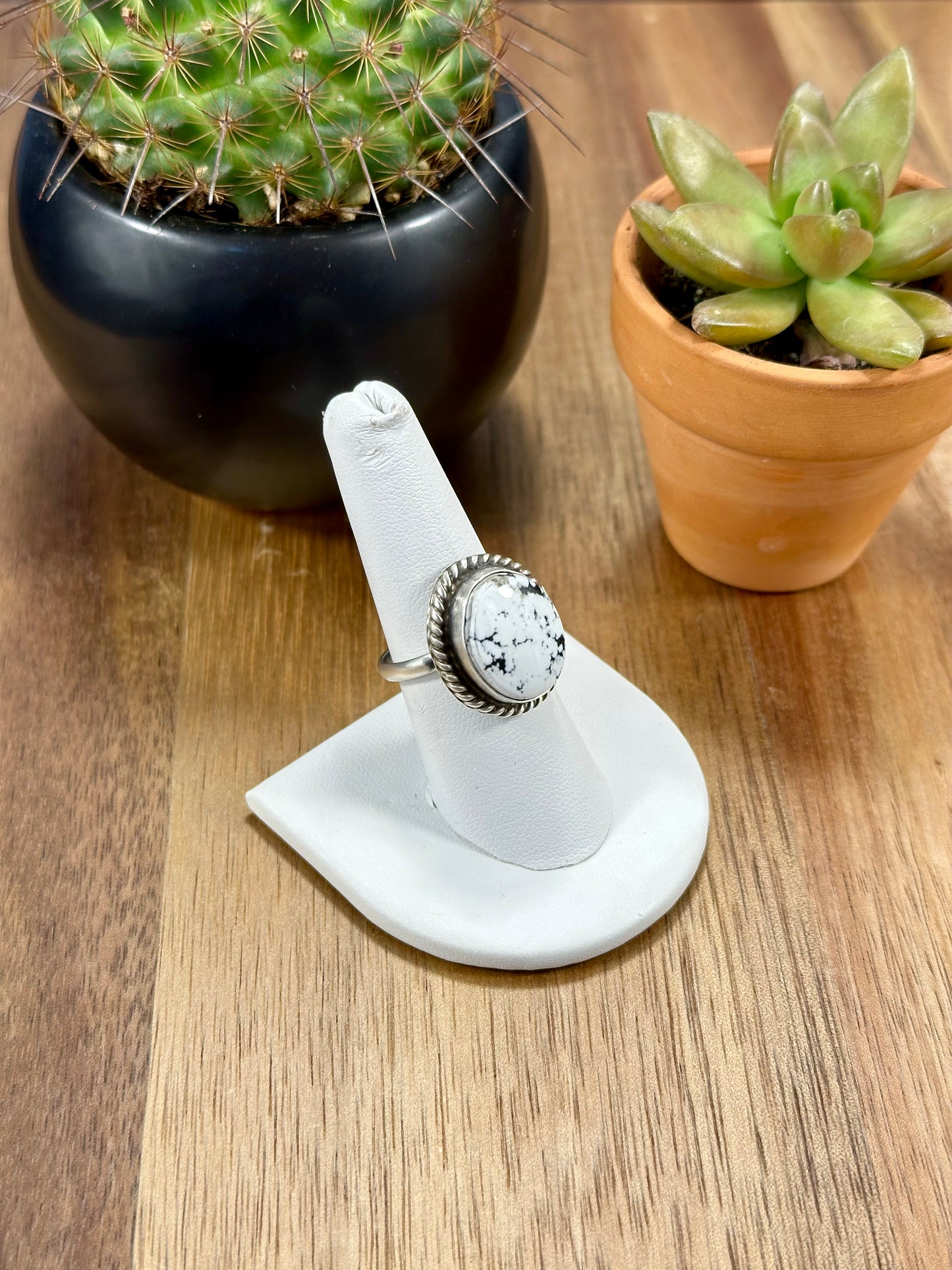 White Buffalo Oval Sterling Silver Ring