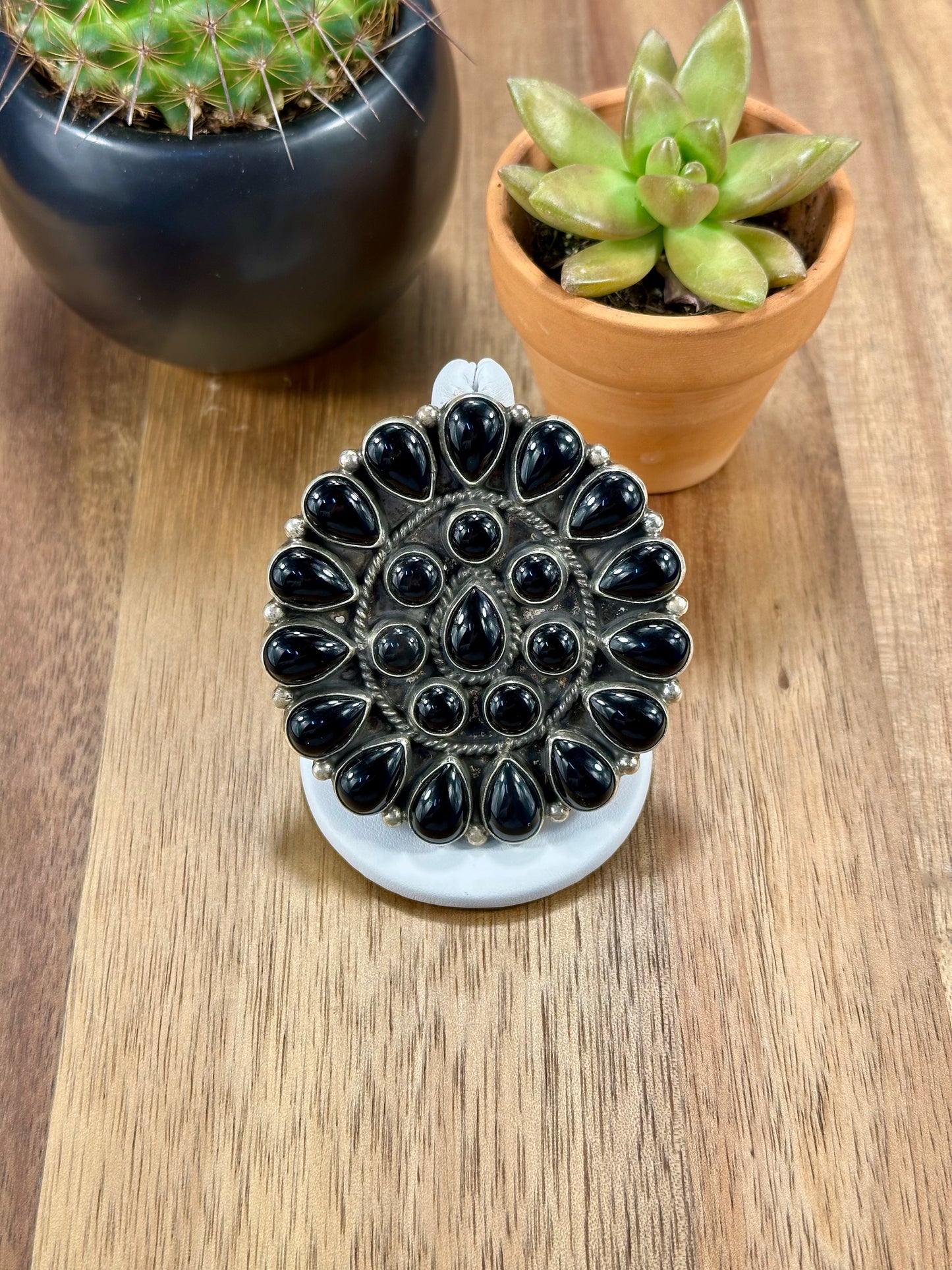 Black Onyx Floral Cluster Sterling Silver Ring