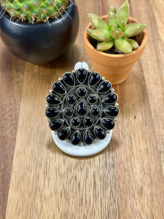 Black Onyx Floral Cluster Sterling Silver Ring