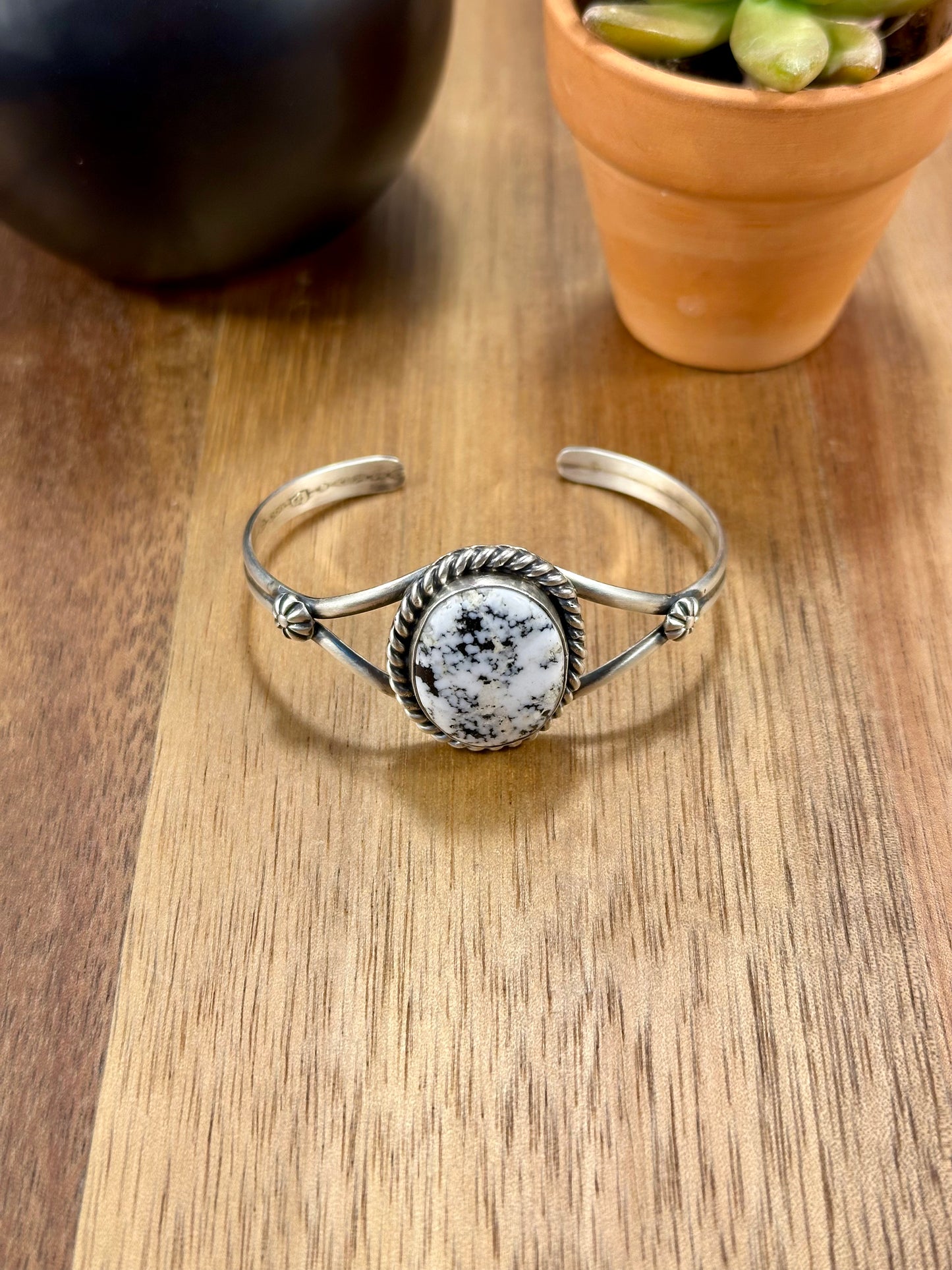 White Buffalo Single Stone Sterling Silver Cuff