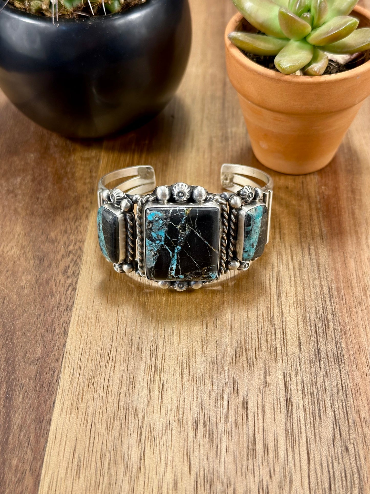 Blackjack 3 Stone Sterling Silver Cuff Bracelet