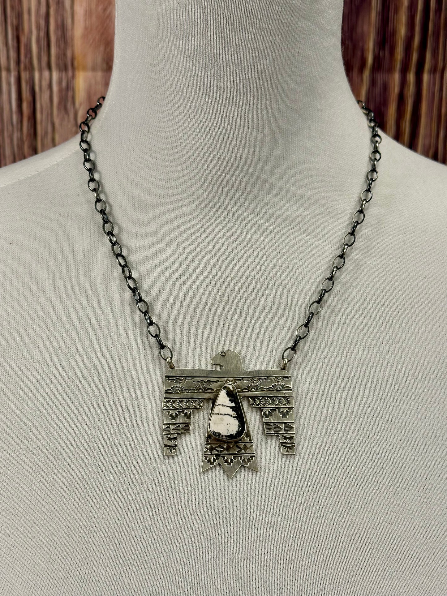 White Buffalo & Sterling Silver Thunderbird Necklace