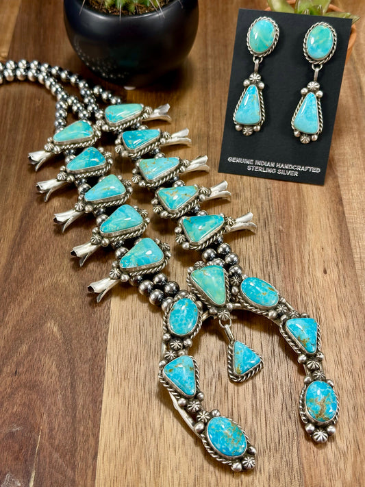Kingman Turquoise Squash Blossom Necklace Set