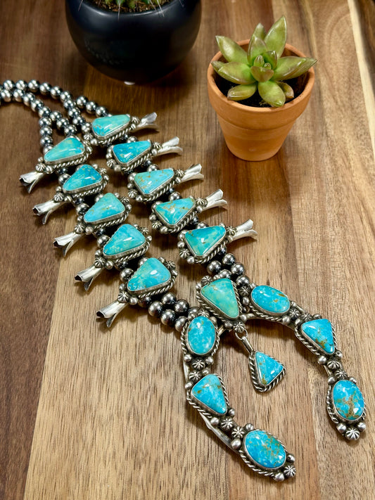 Kingman Turquoise Squash Blossom Necklace Set