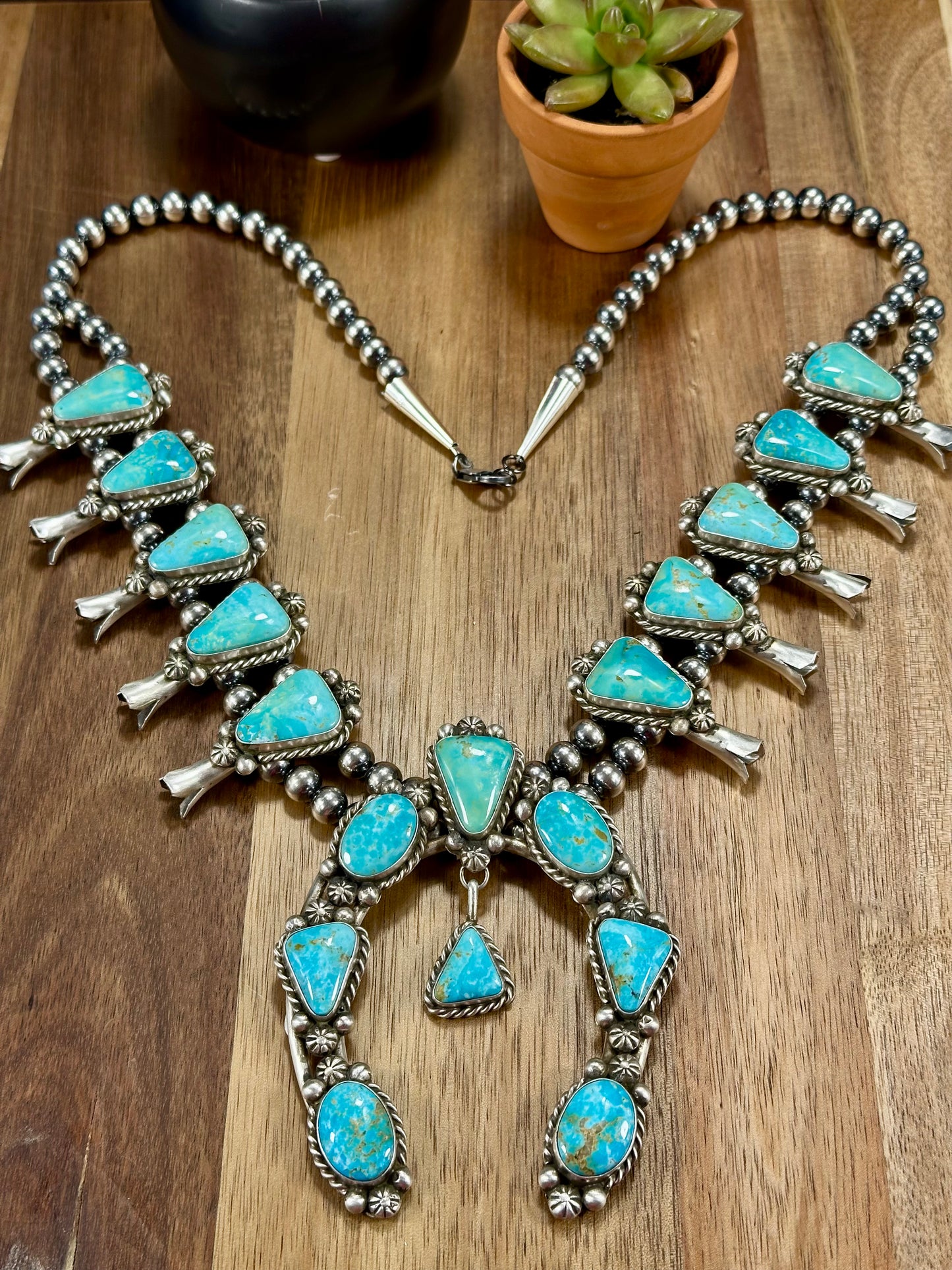 Kingman Turquoise Squash Blossom Necklace Set