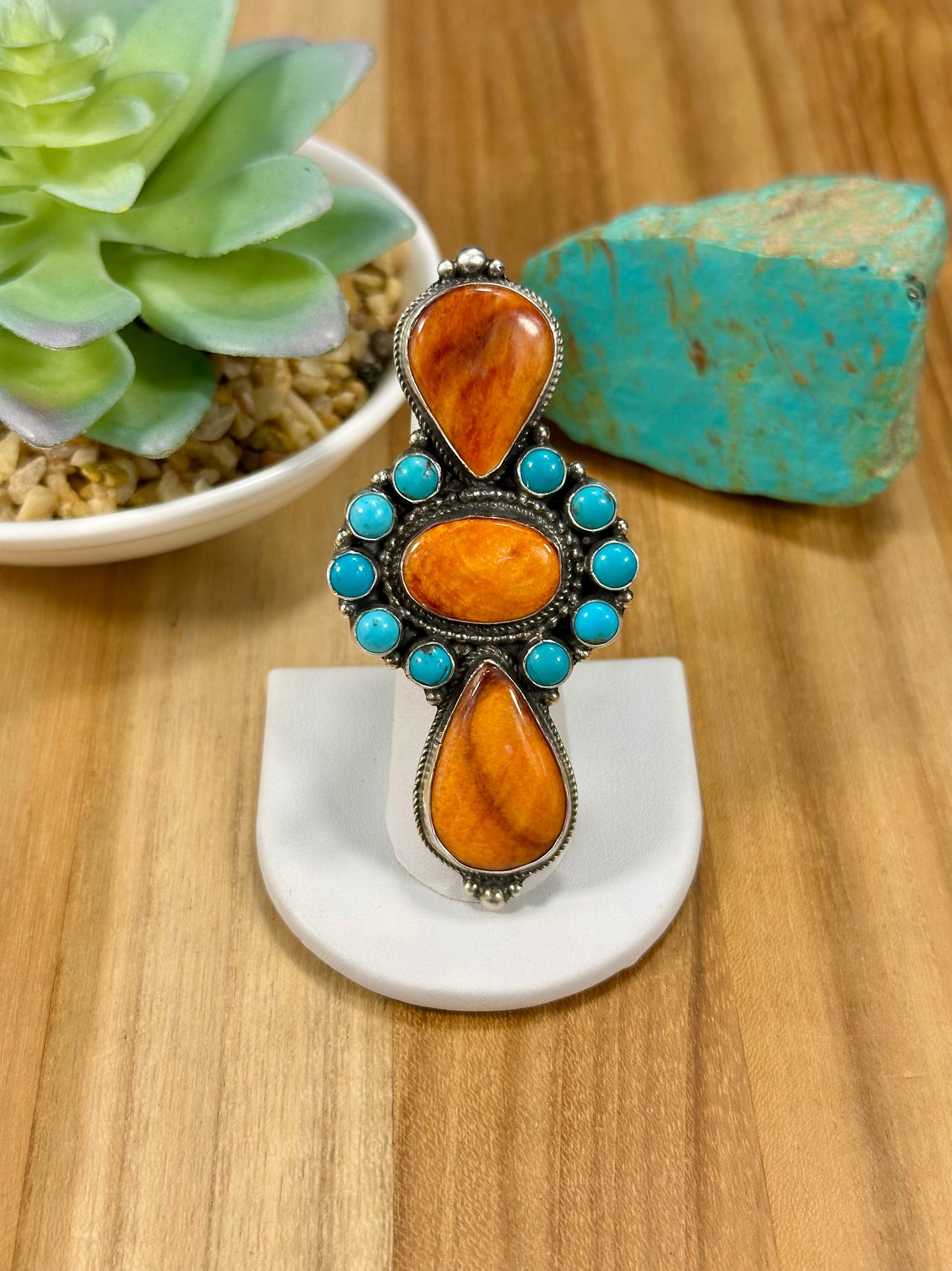 Orange Spiny & Kingman Turquoise Cluster Ring