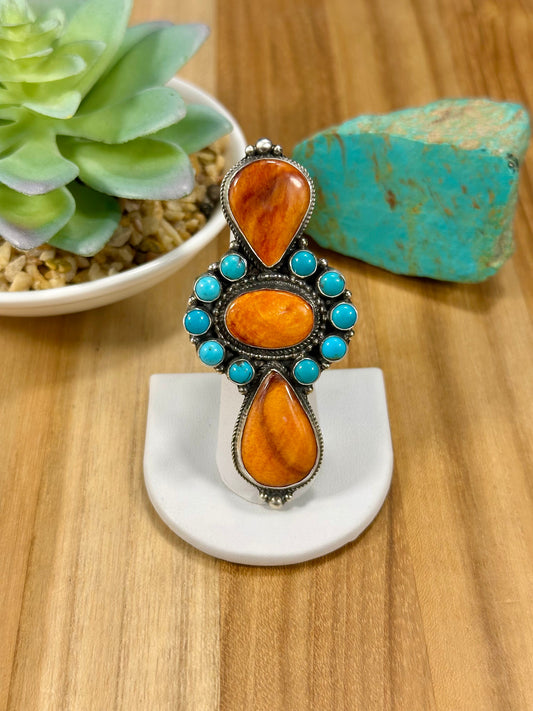 Orange Spiny & Kingman Turquoise Cluster Ring