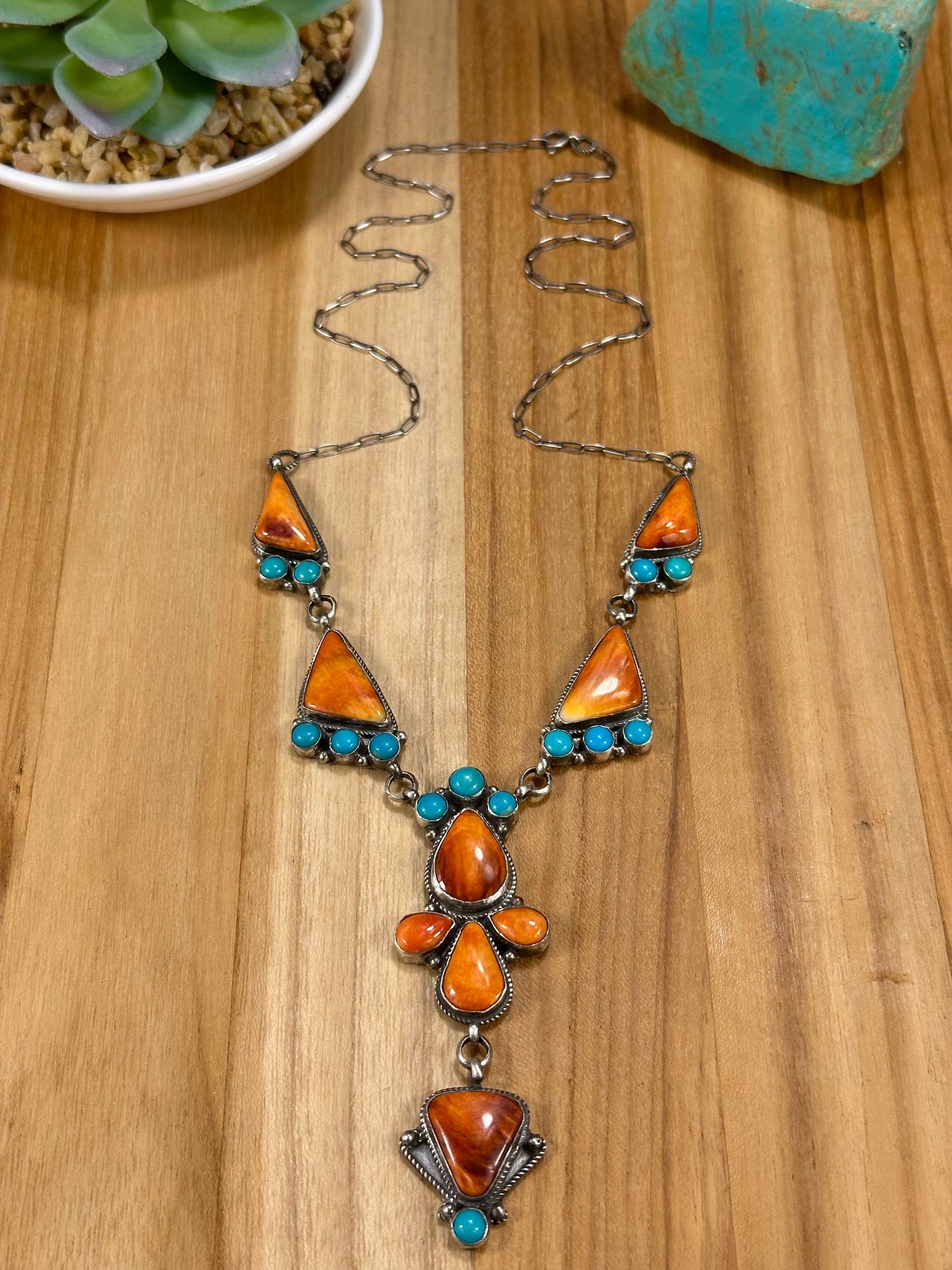 Orange Spiny and Kingman Turquoise Cluster Lariat