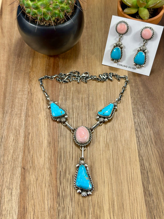 Kingman Turquoise & Pink Conch Lariat & Earrings Set