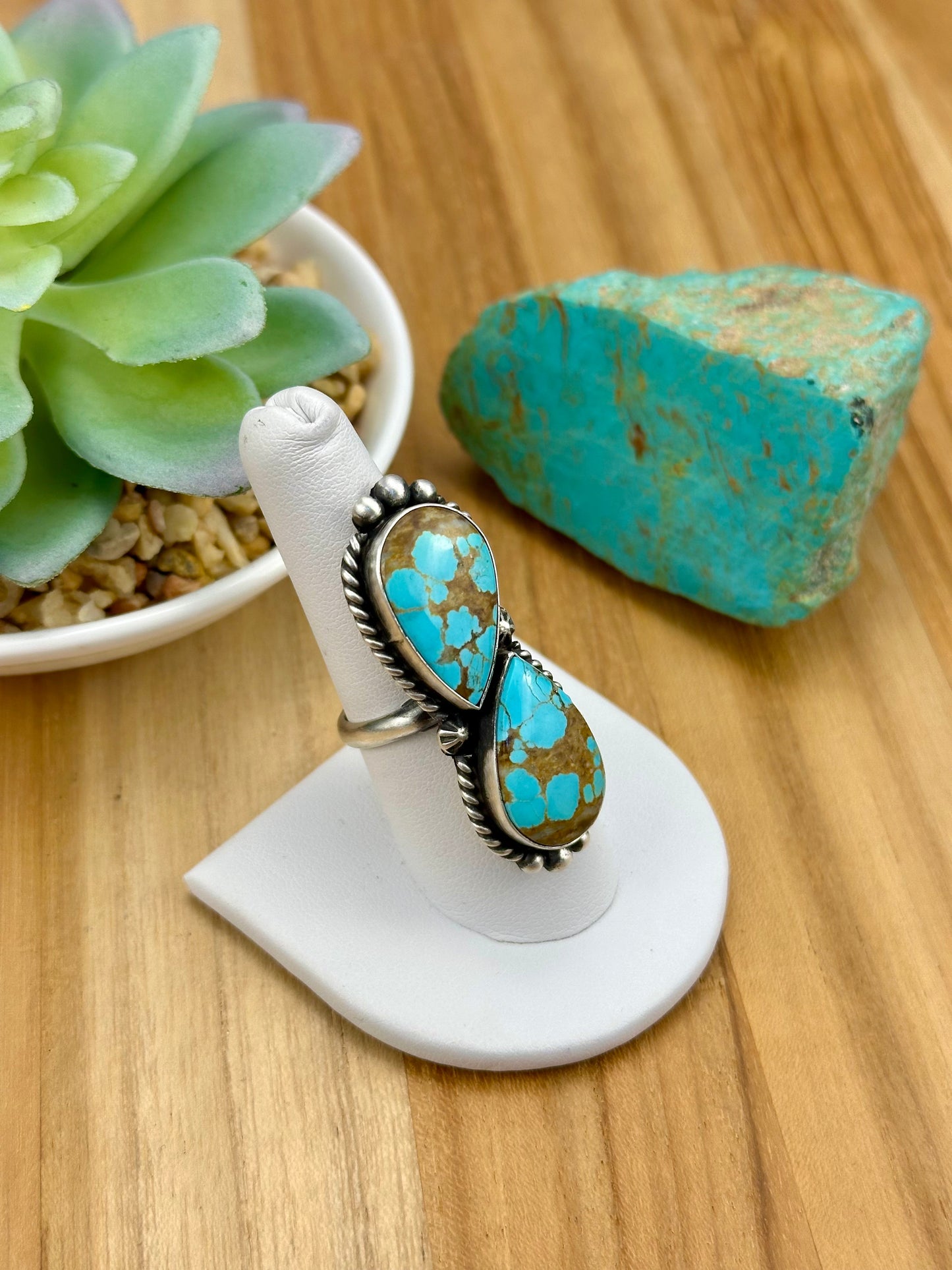 #8 Turquoise Teardrop 2 Stone Sterling Ring