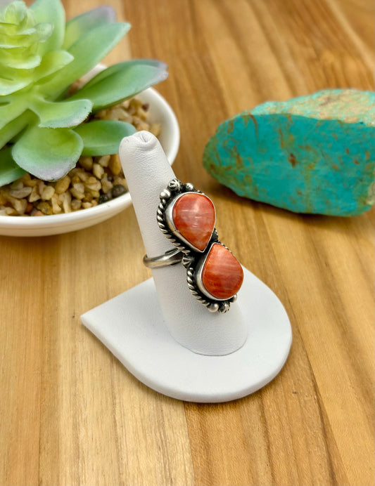 Red Spiny 2 Stone Sterling Silver Ring