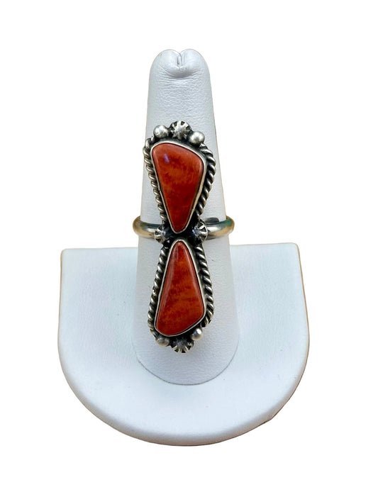 Red Spiny 2 Stone Sterling Silver Ring