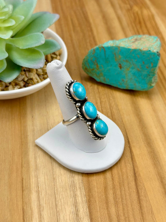 Kingman Turquoise 3 Stone Sterling Ring