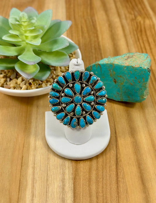 Kingman Turquoise Floral Cluster Sterling Ring