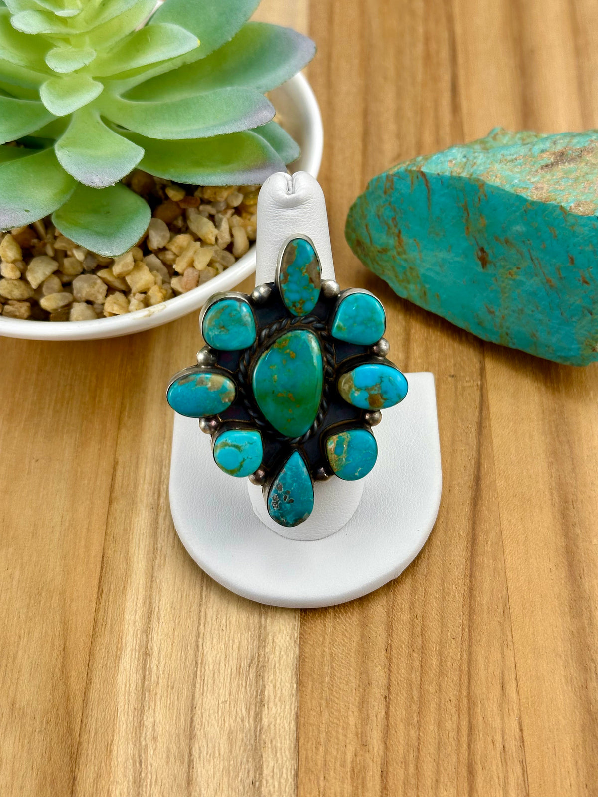 Kingman Turquoise Floral Cluster Sterling Ring
