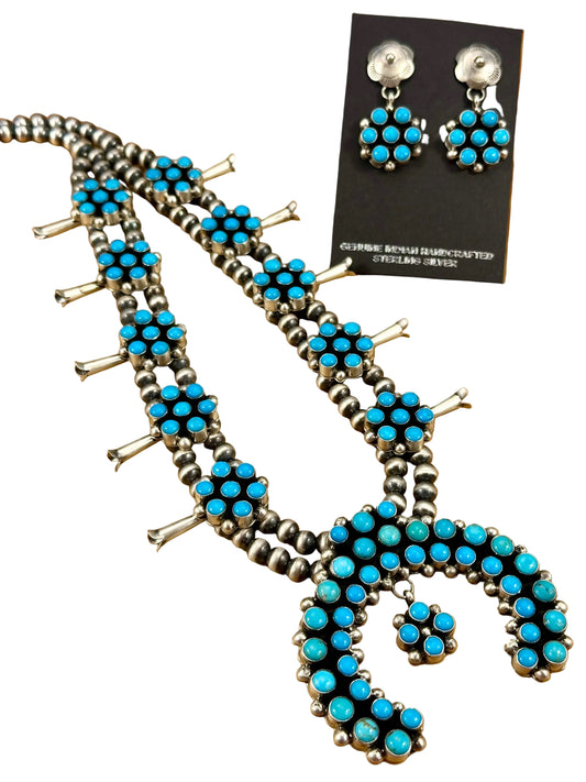 Kingman Turquoise Floral Cluster Squash Blossom Necklace