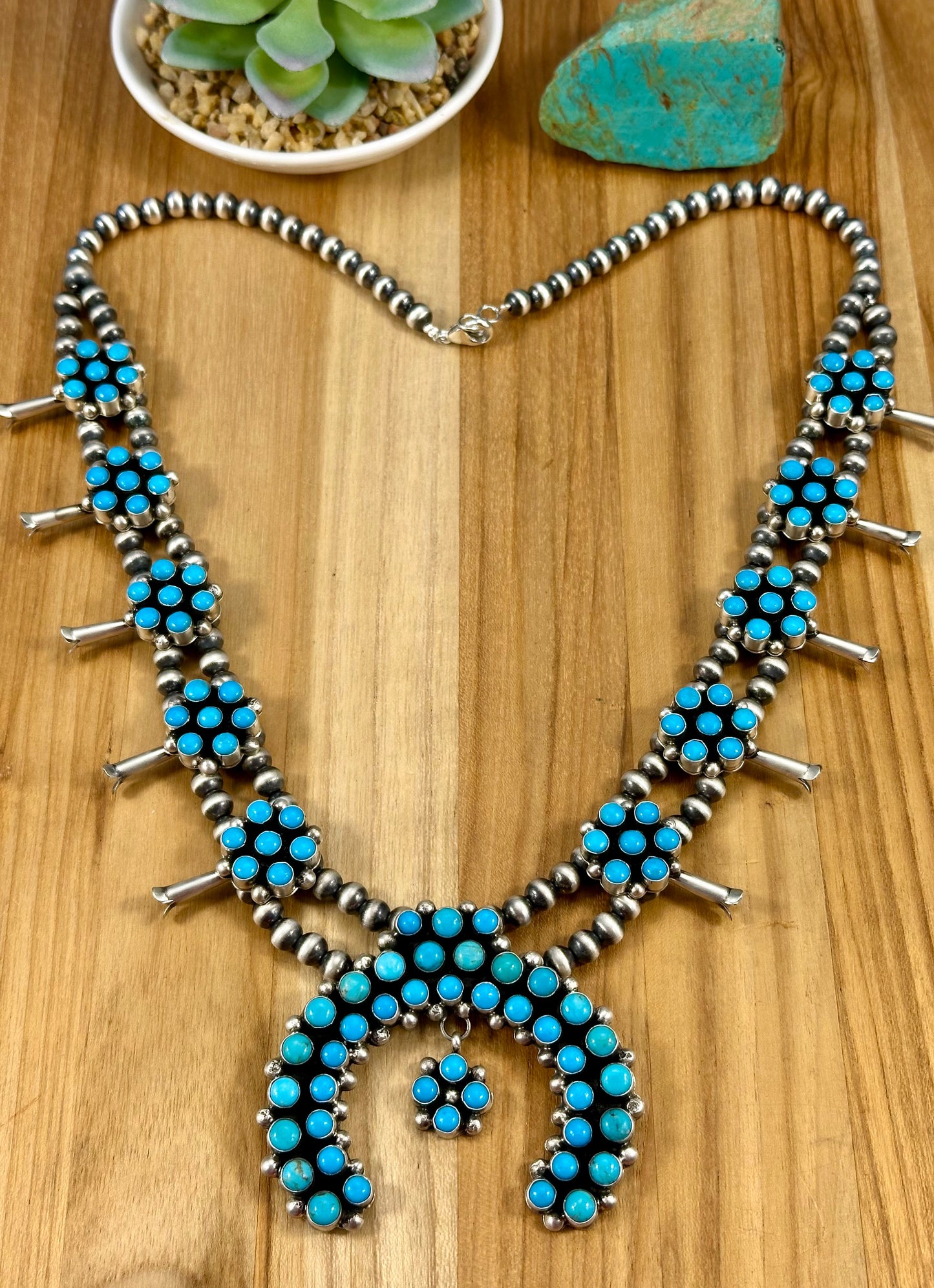 Kingman Turquoise Floral Cluster Squash Blossom Necklace