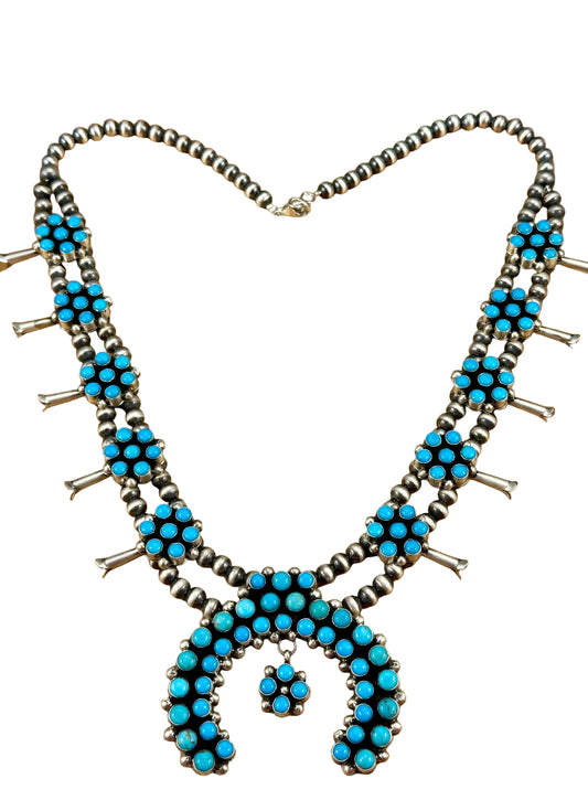 Kingman Turquoise Floral Cluster Squash Blossom Necklace