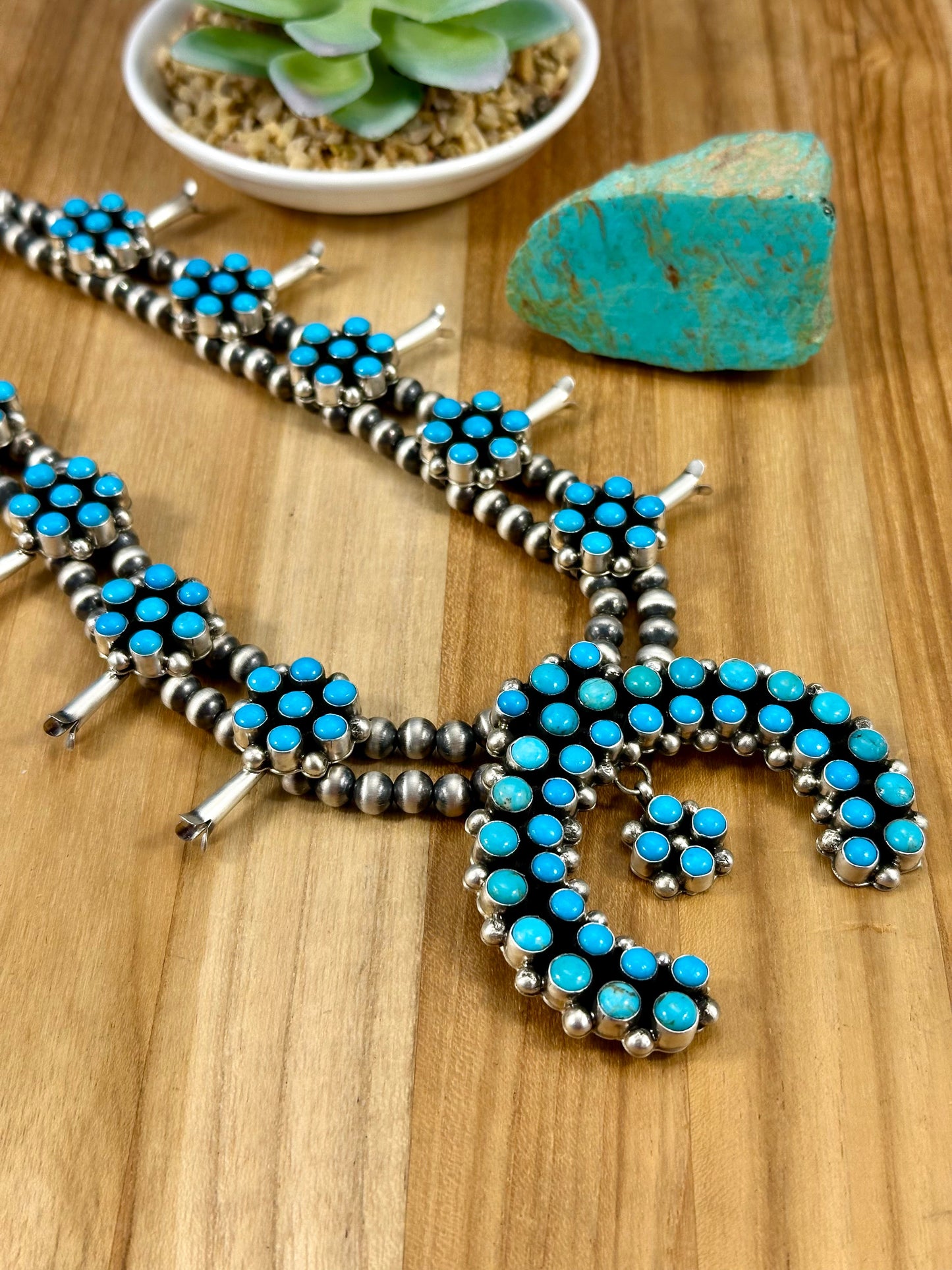 Kingman Turquoise Floral Cluster Squash Blossom Necklace