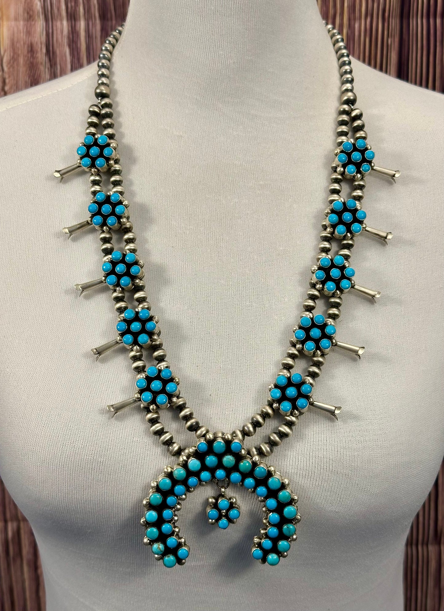 Kingman Turquoise Floral Cluster Squash Blossom Necklace