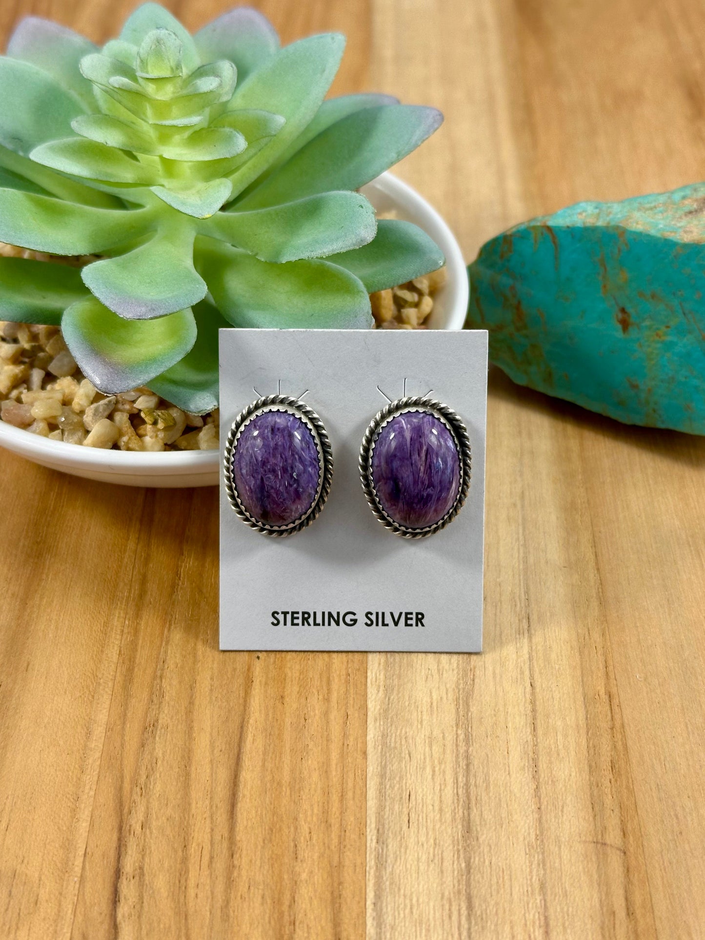Charoite Oval Sterling Stud Earrings