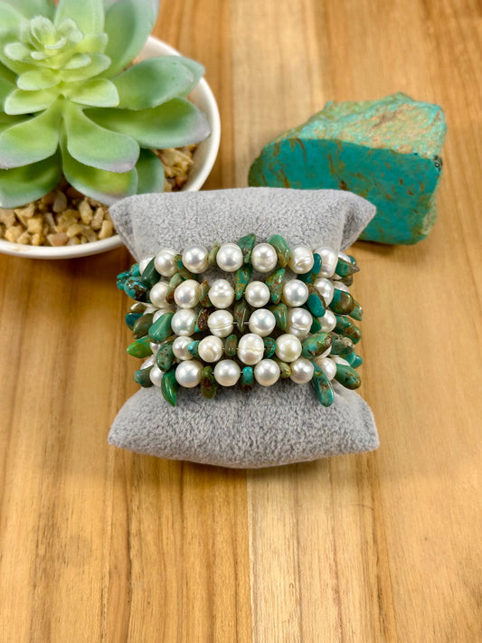 Kingman & Freshwater Pearl Memory Wire Bracelet