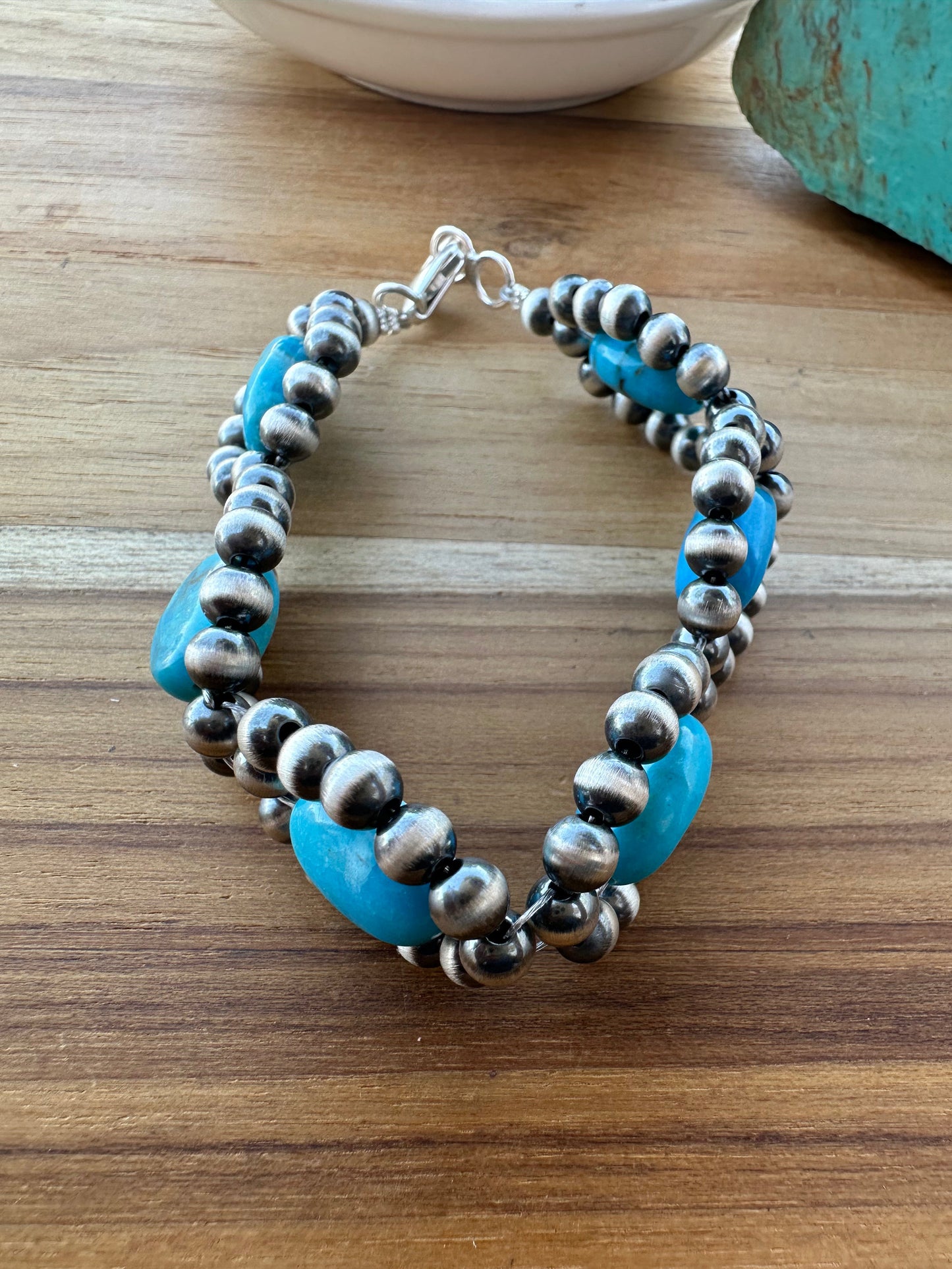 Turquoise Sterling Pearl Flower Bracelet
