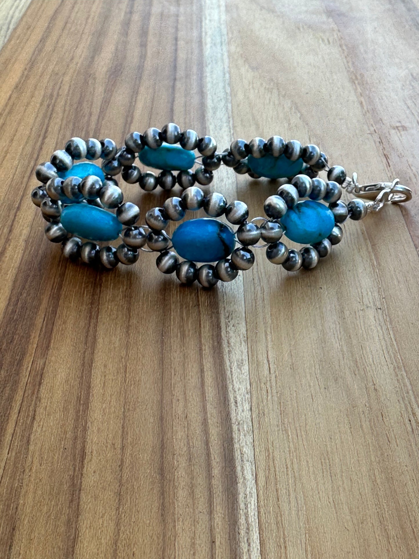 Turquoise Sterling Pearl Flower Bracelet