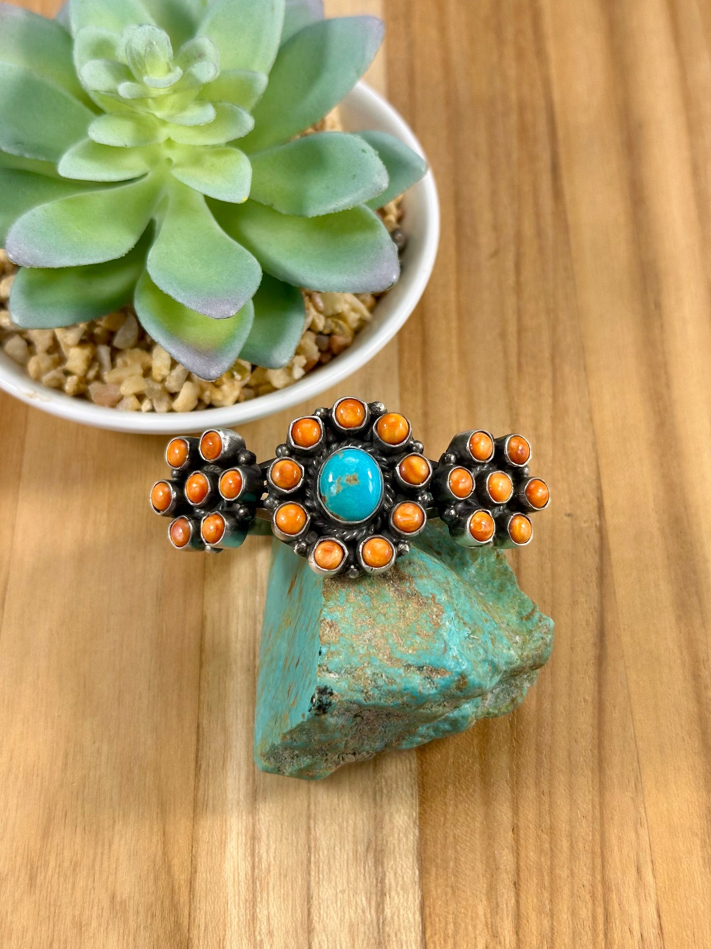 Spiny and Kingman Turquoise Cluster Sterling Cuff