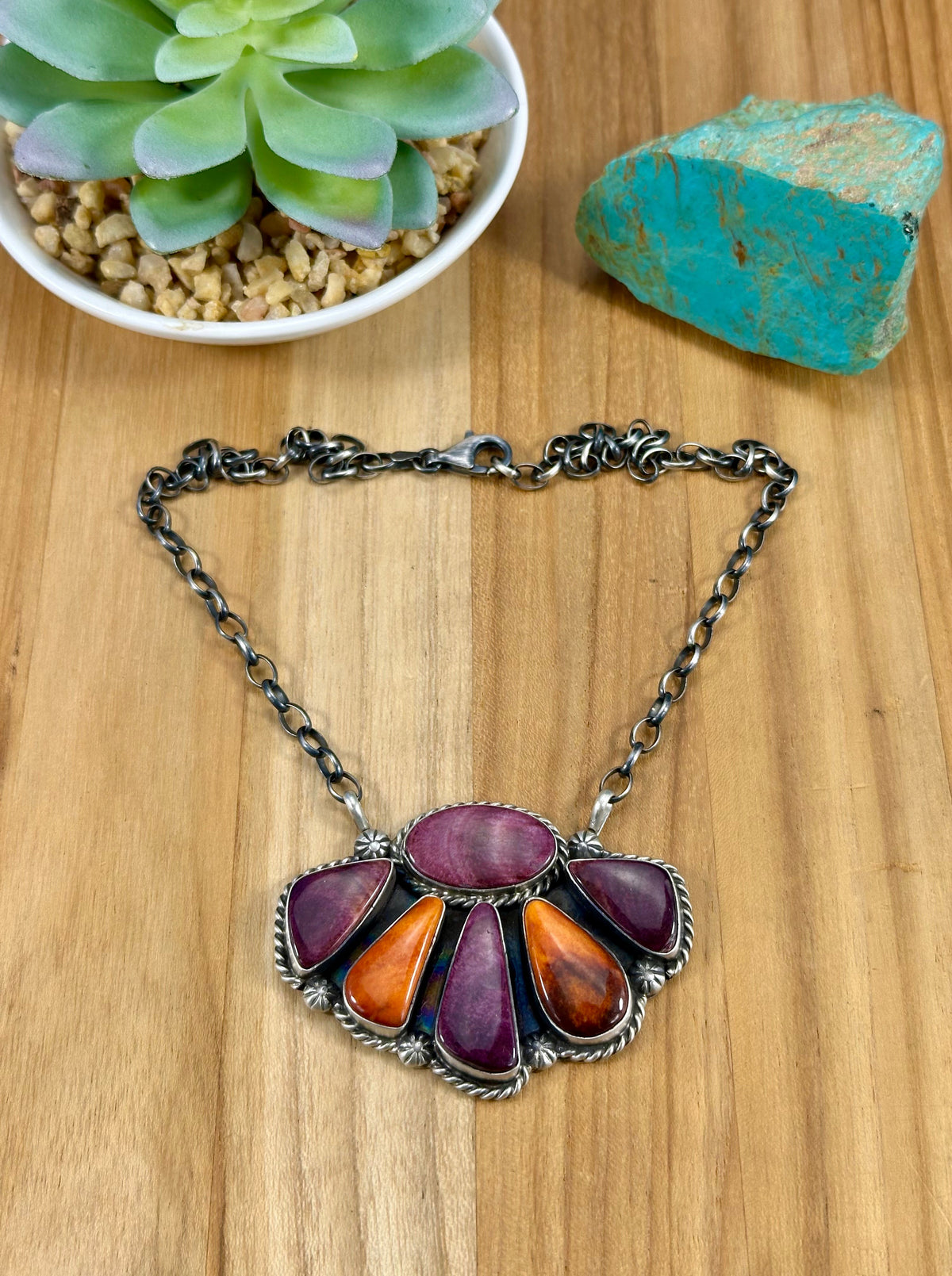 Purple & Orange Spiny Sterling Cluster Necklace