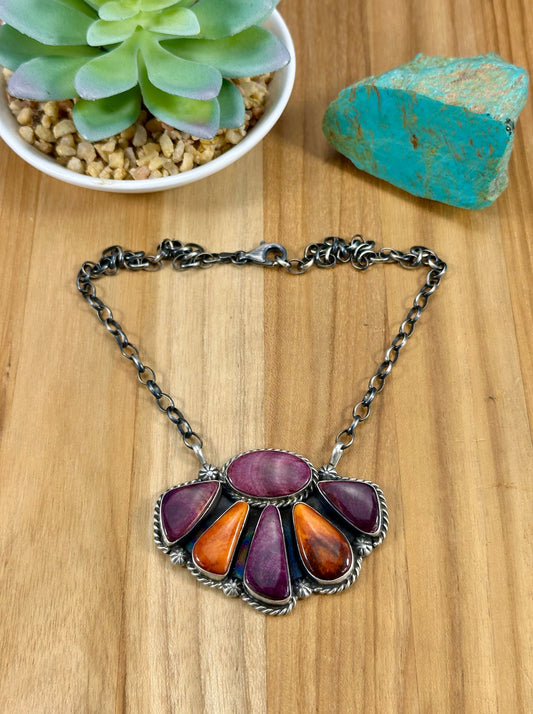 Purple & Orange Spiny Sterling Cluster Necklace