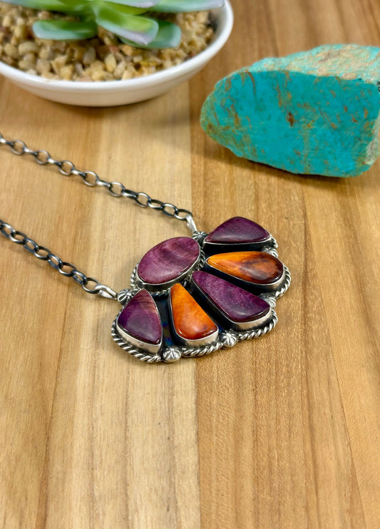 Purple & Orange Spiny Sterling Cluster Necklace