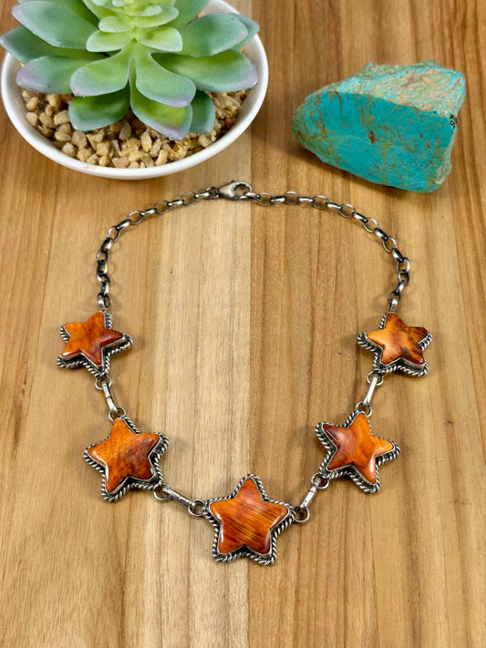 Orange Spiny Star Choker Sterling Necklace
