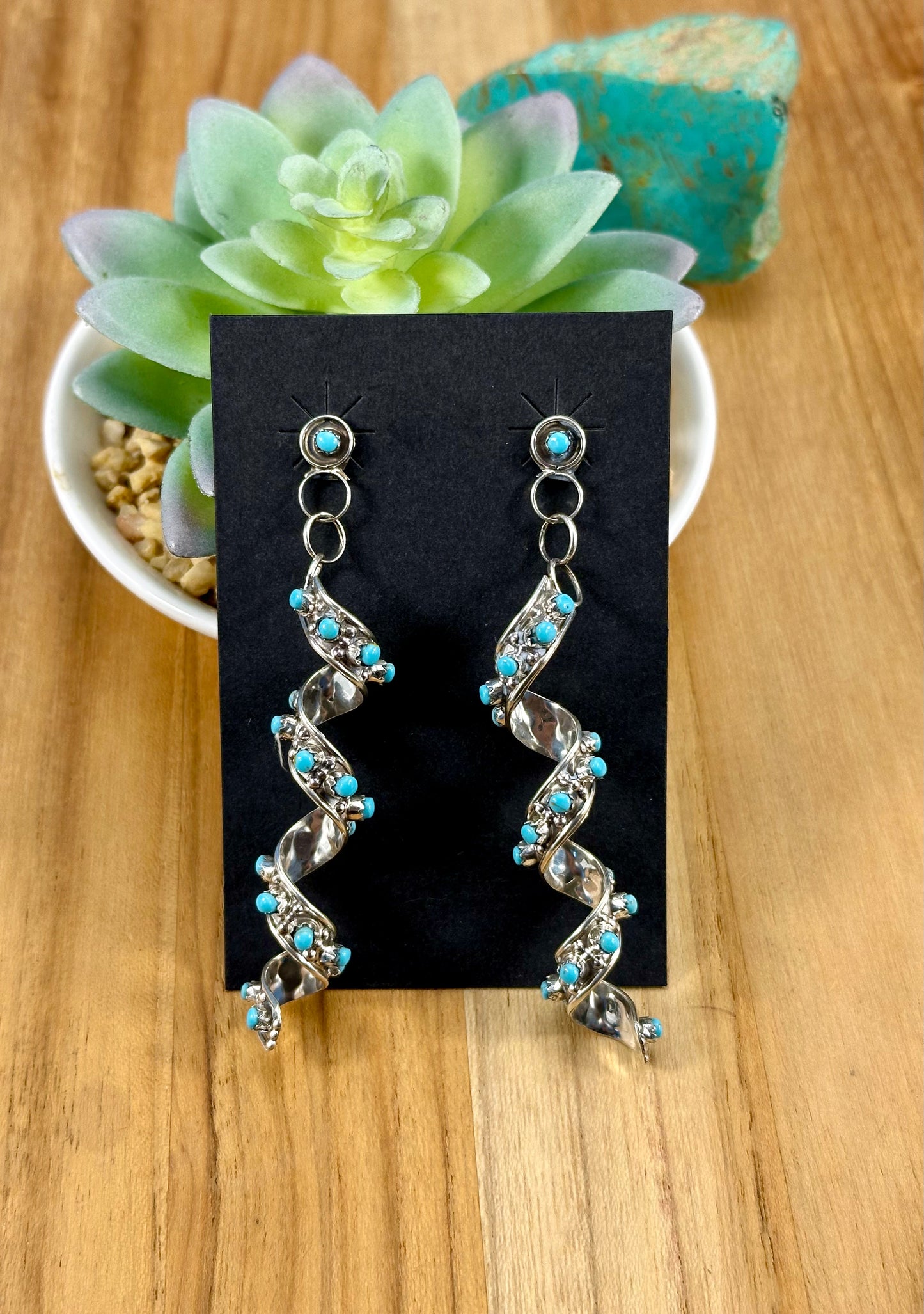 Kingman Turquoise Spiral Sterling Dangle Earrings
