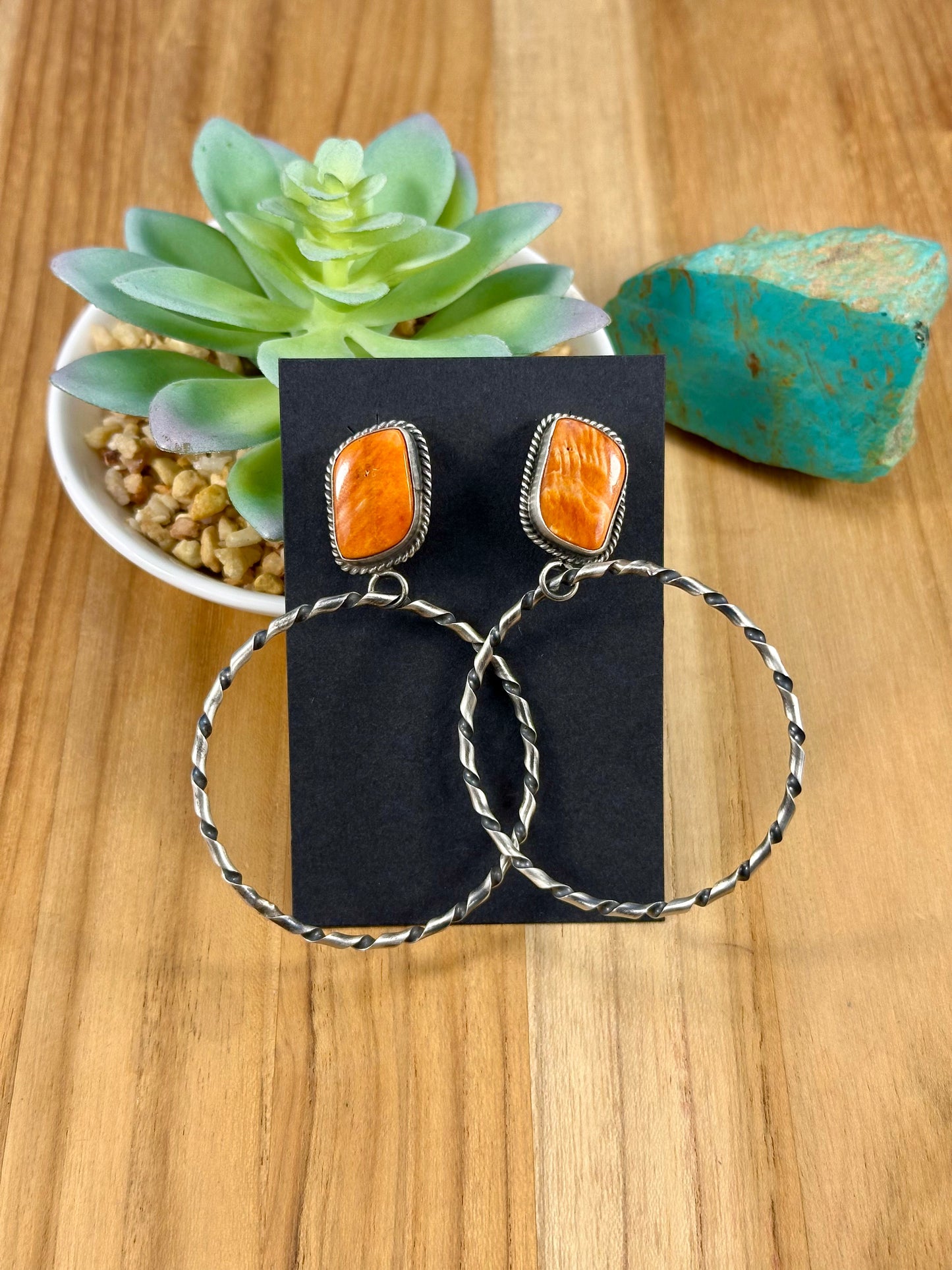 Orange Spiny Sterling Hoop Earrings