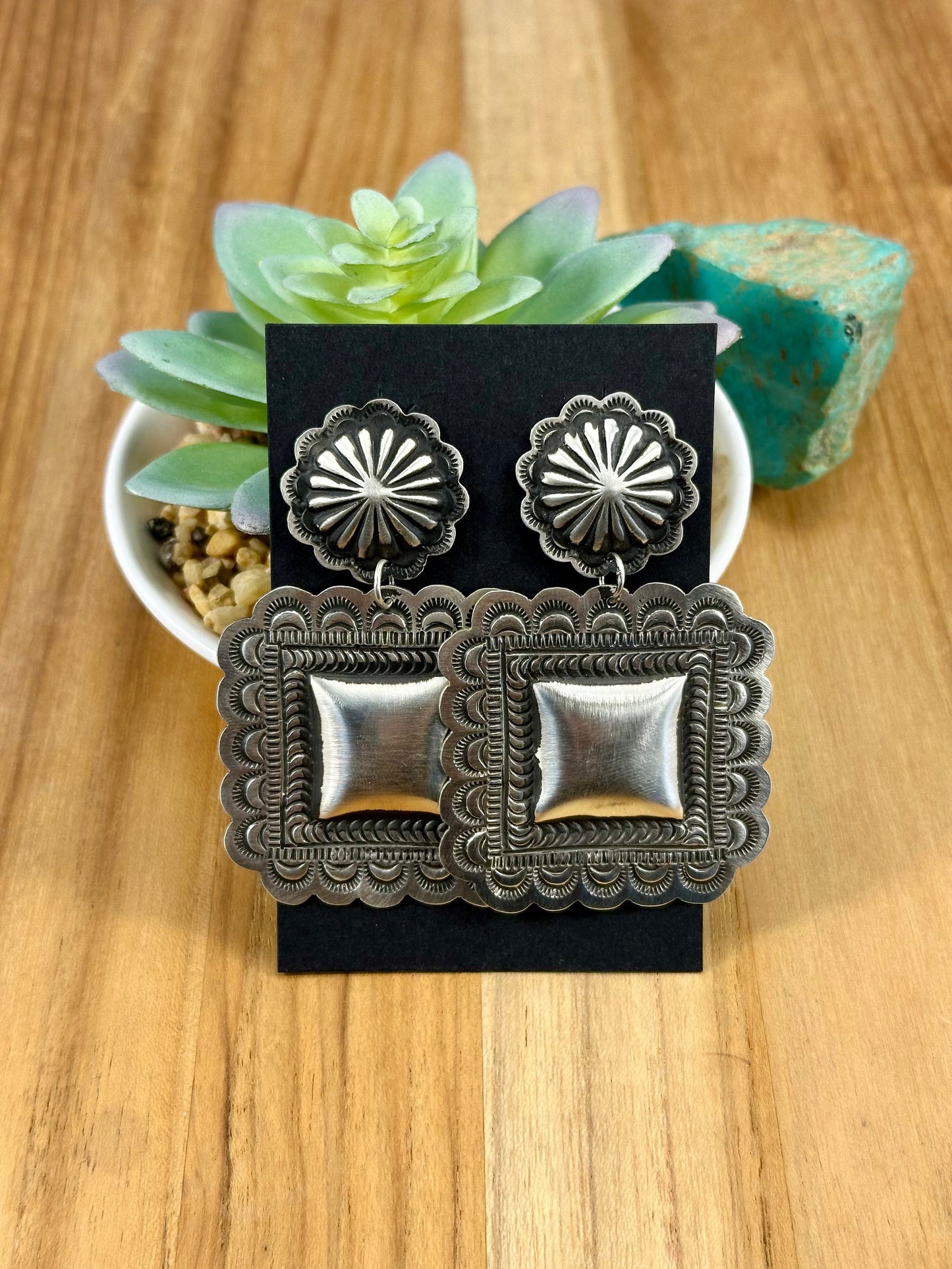 Sterling Silver Square Concho Dangle Earrings