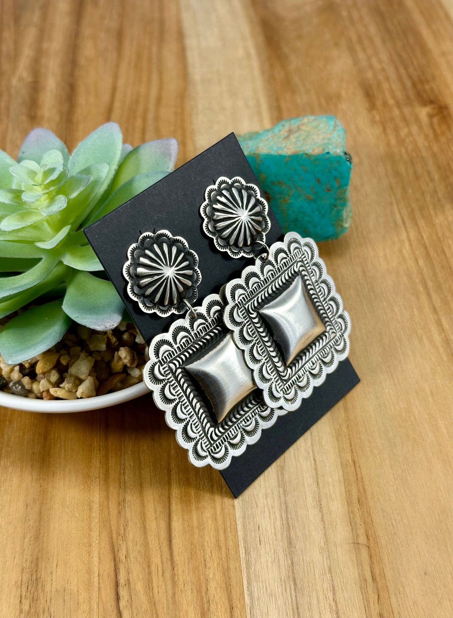 Sterling Silver Square Concho Dangle Earrings