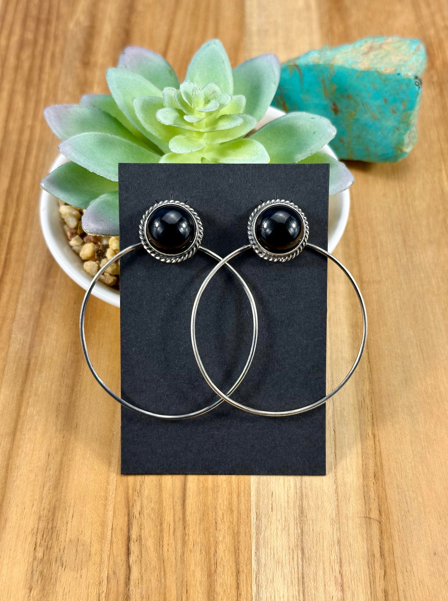 Black Onyx Oval Hoop Sterling Earrings