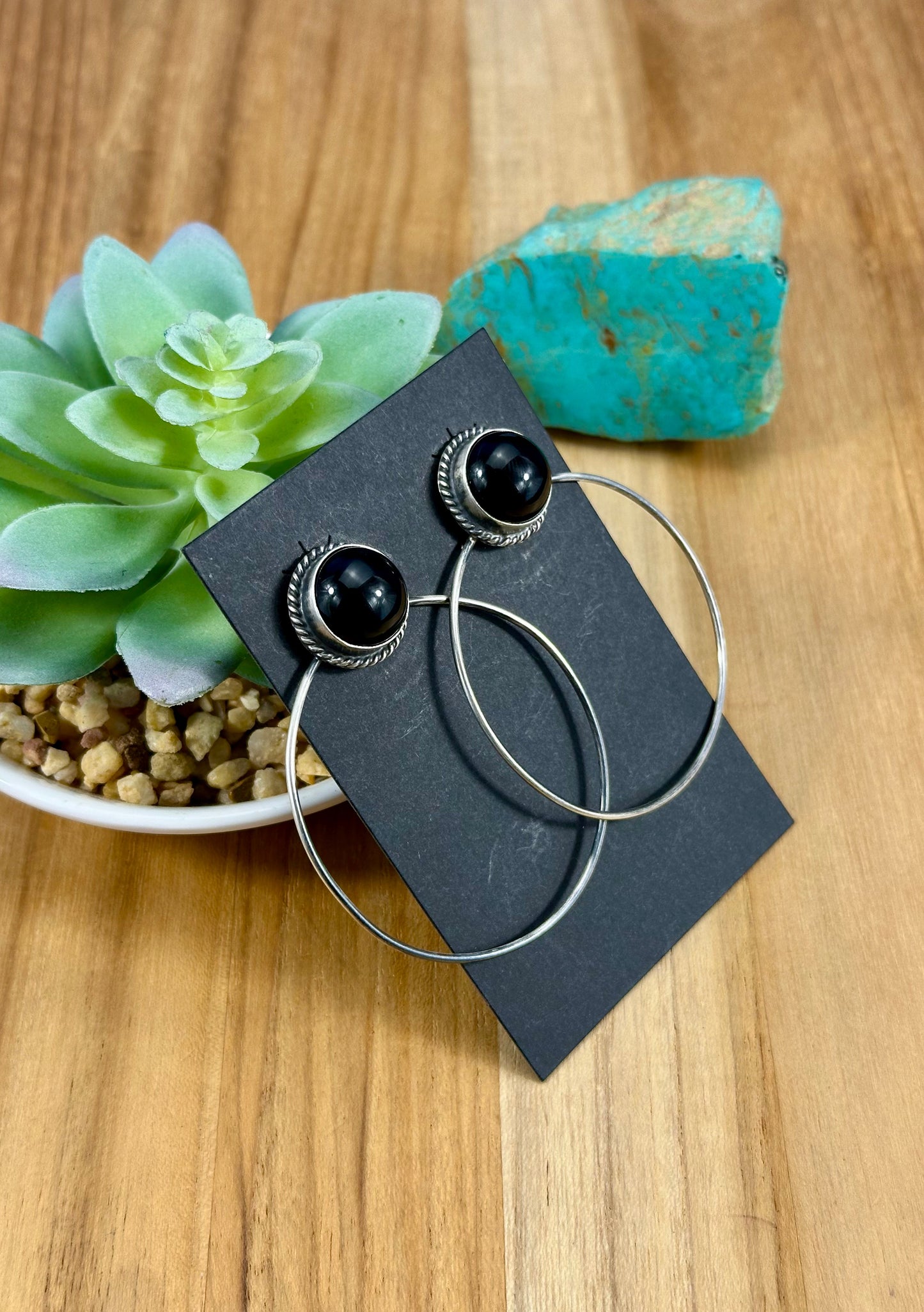 Black Onyx Oval Hoop Sterling Earrings