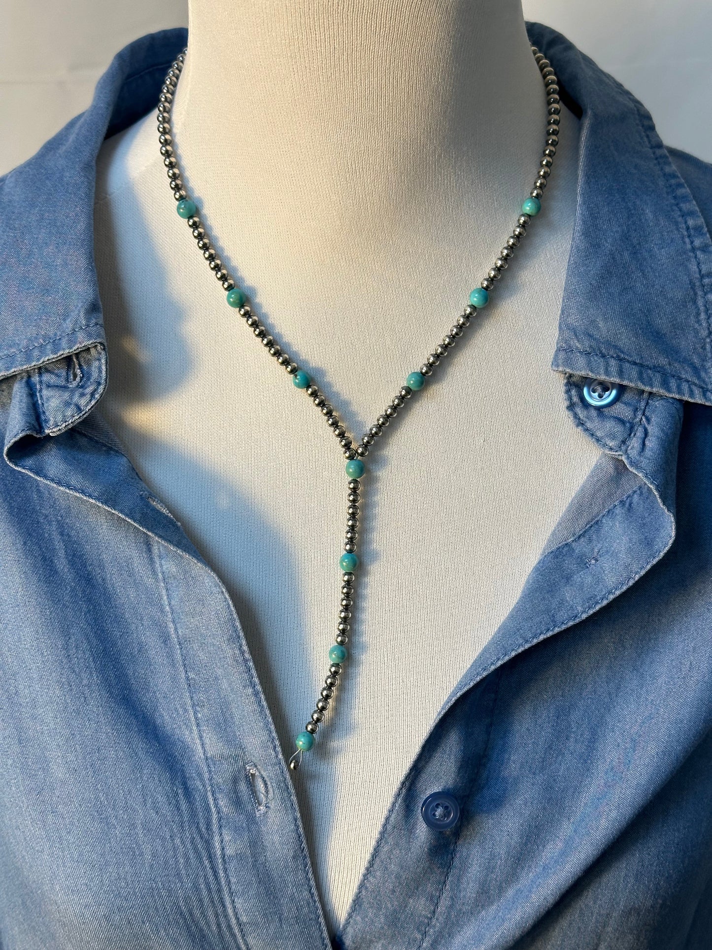4mm Kingman and Sterling Pearl Y Necklace