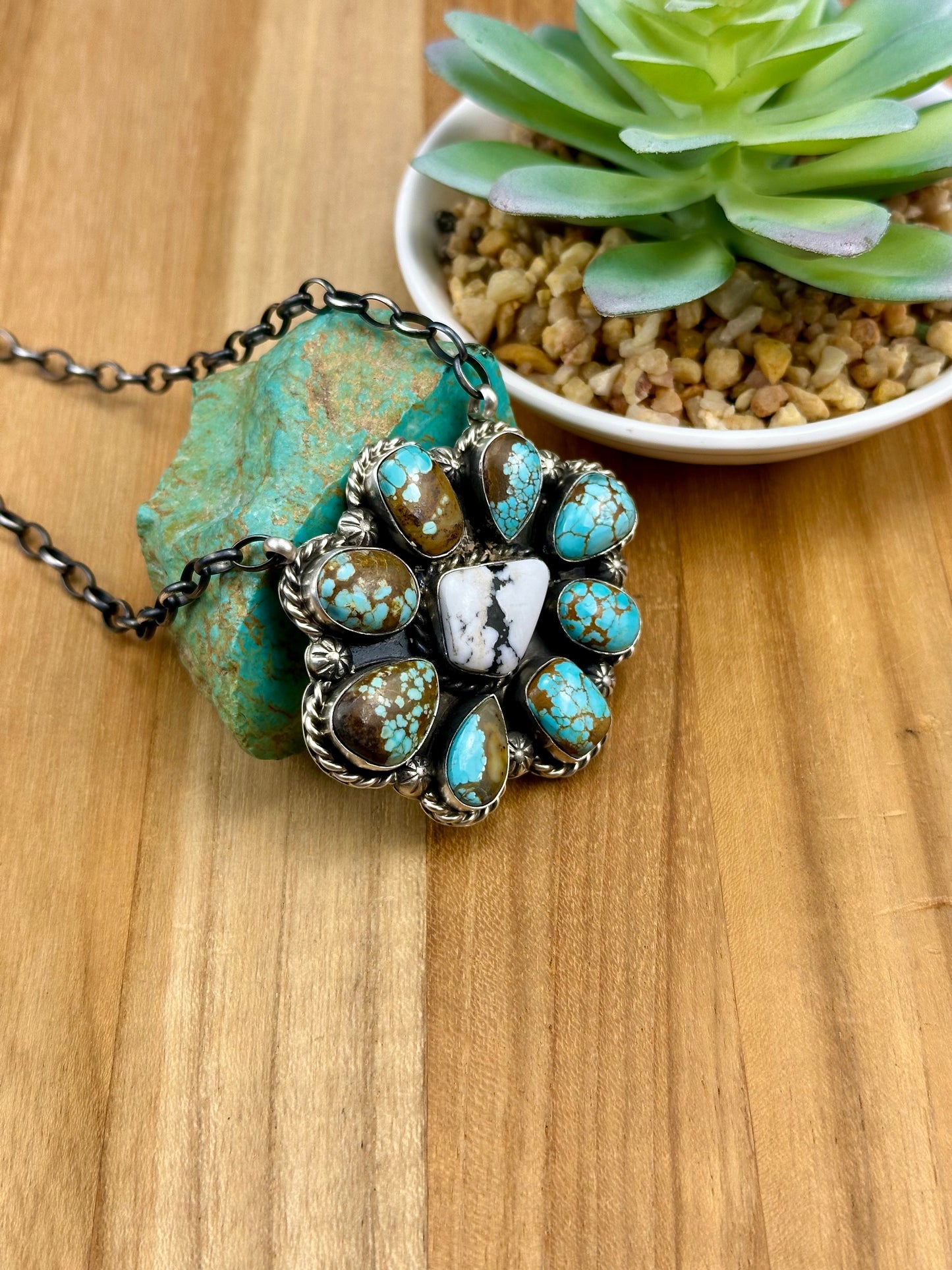 #8 Turquoise and White Buffalo Cluster Necklace
