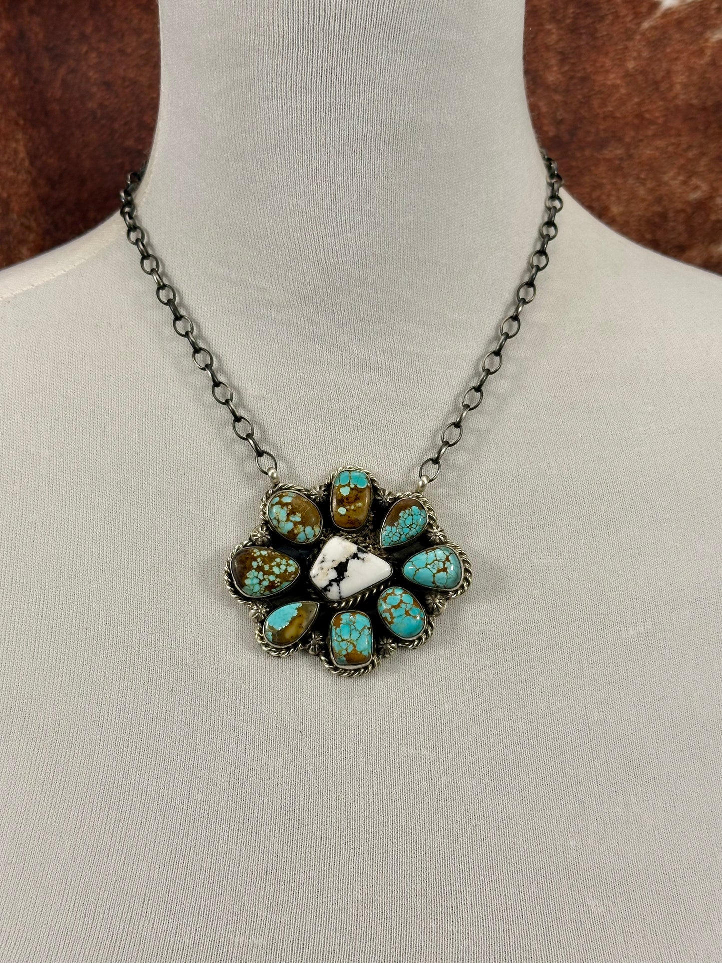 #8 Turquoise and White Buffalo Cluster Necklace