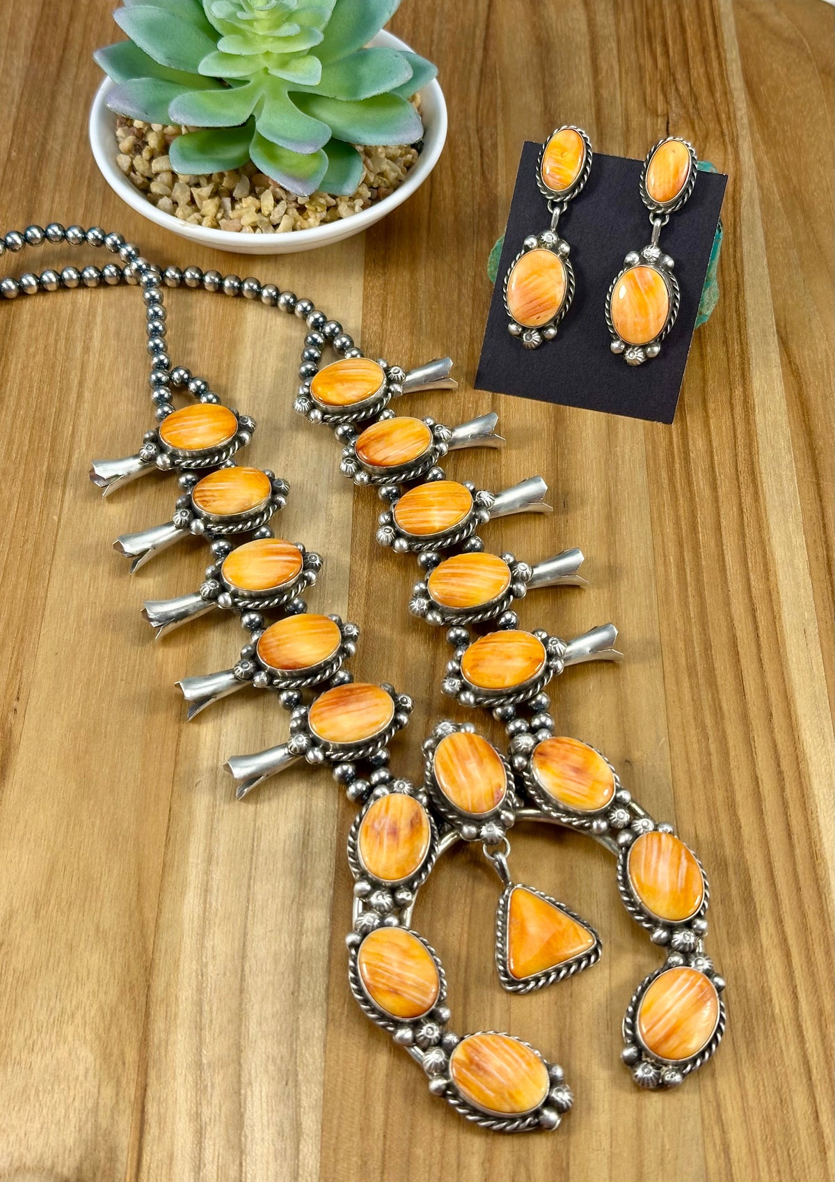 Orange Spiny Sterling Squash Blossom Necklace Set