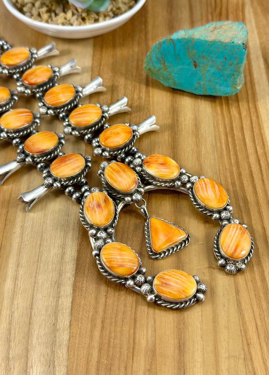 Orange Spiny Sterling Squash Blossom Necklace Set