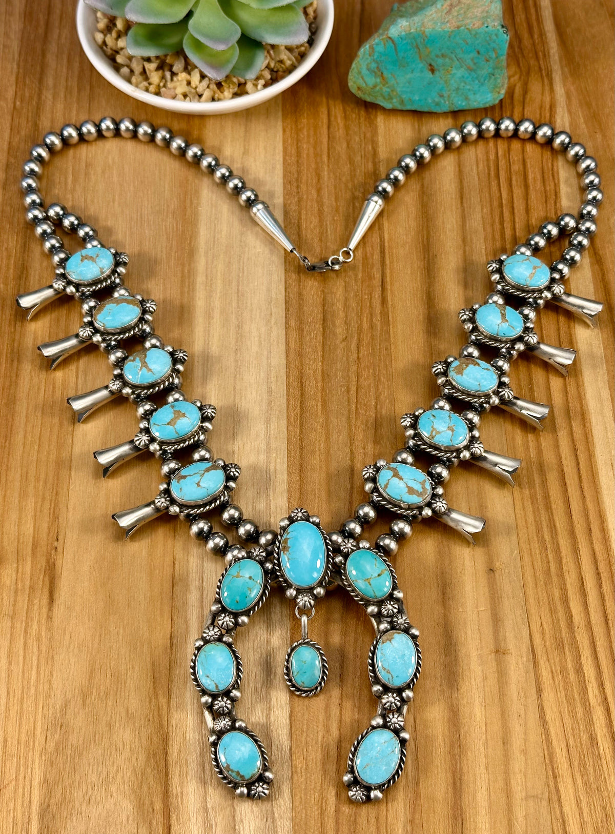 Kingman Turquoise Squash Blossom Necklace Set